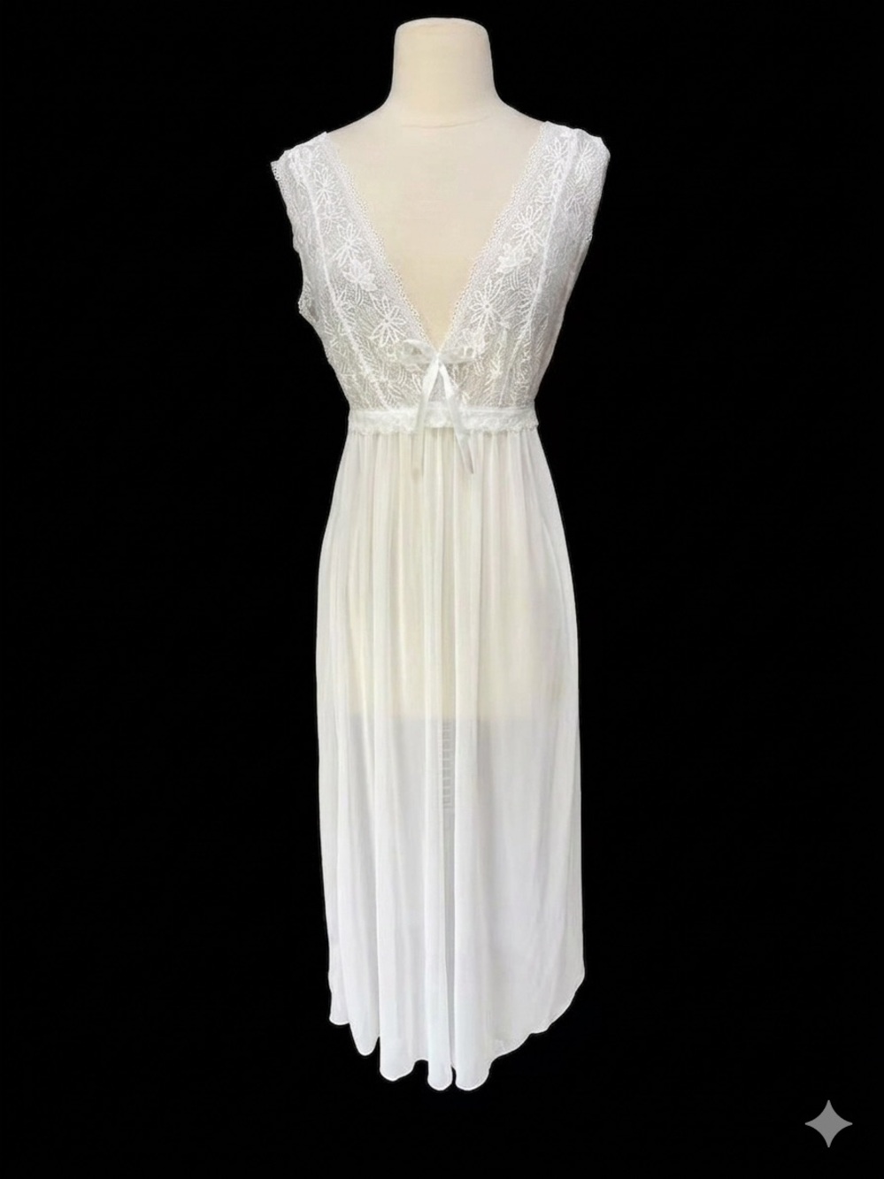 Late 1960s White Nylon Tricot Sheer Lace Bodice Peignoir Nightgown